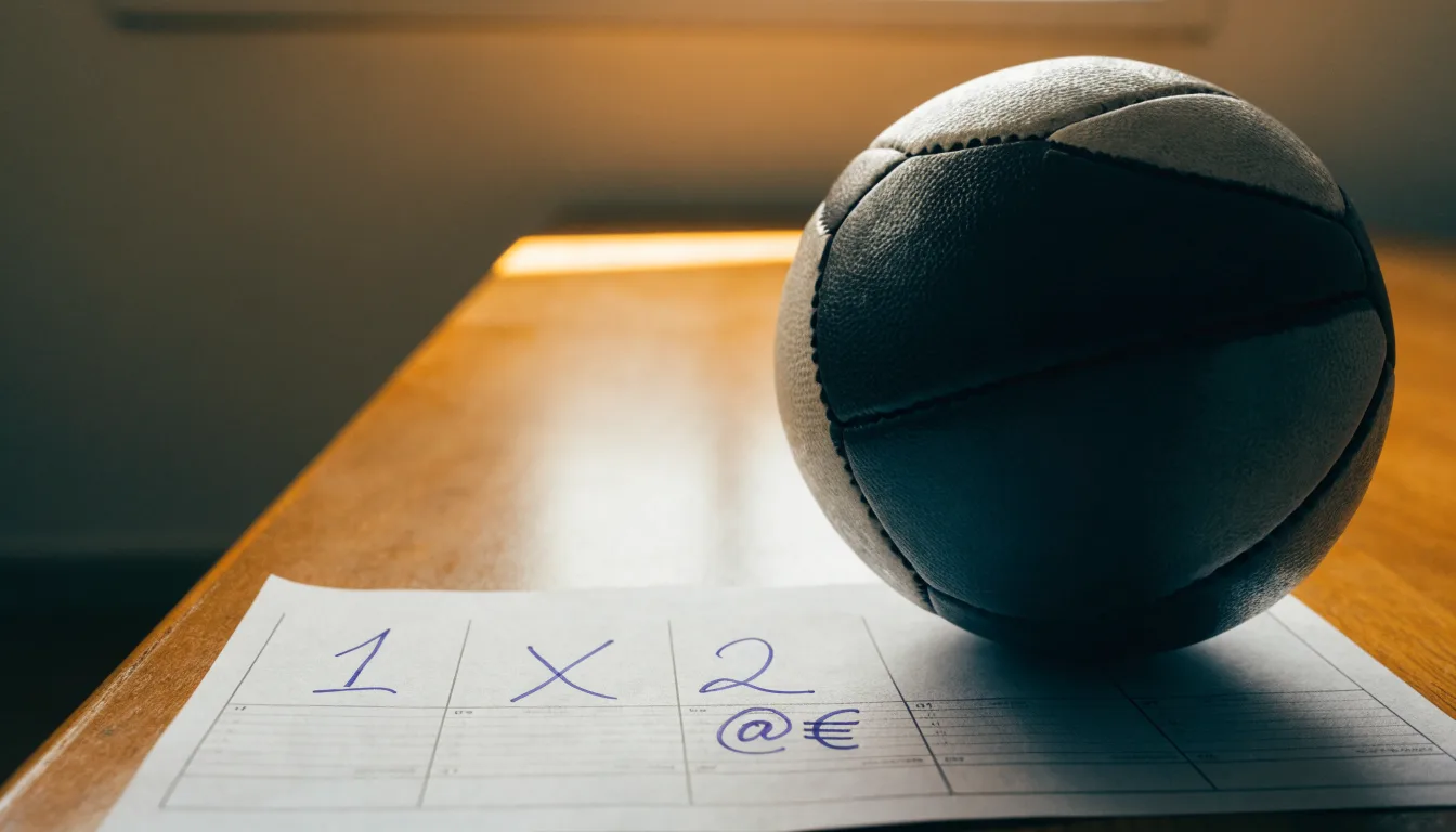Un pallone da calcio appoggiato su una schedina bianca su un tavolo di legno, alla luce del giorno