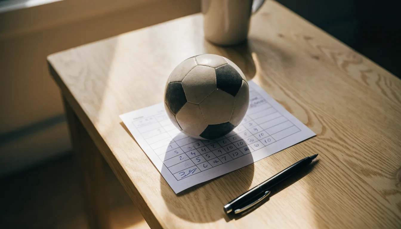 Un pallone da calcio appoggiato su una schedina bianca su un tavolo di legno, alla luce del giorno