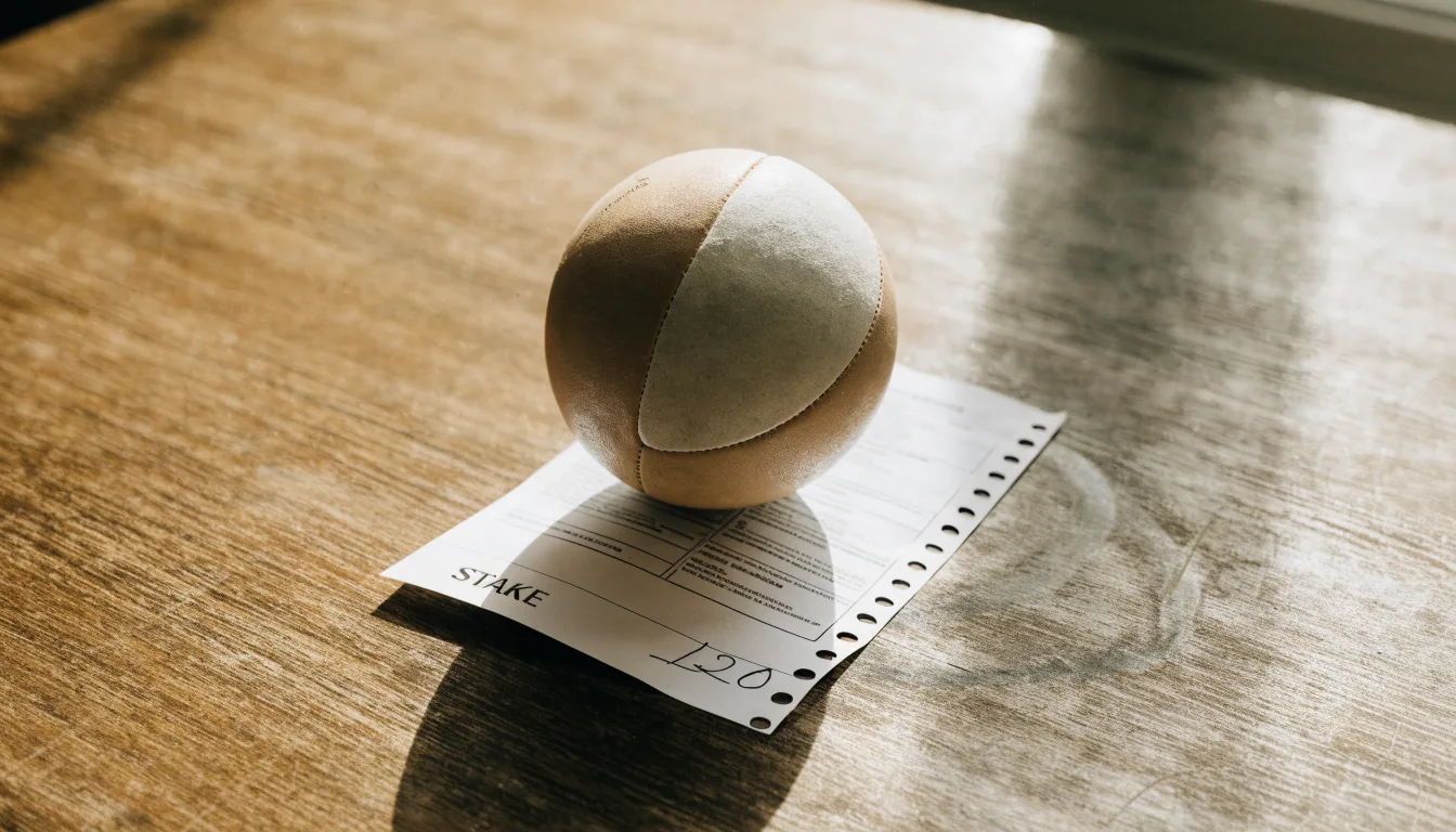 Un pallone da calcio appoggiato su una schedina bianca su un tavolo di legno, alla luce del giorno