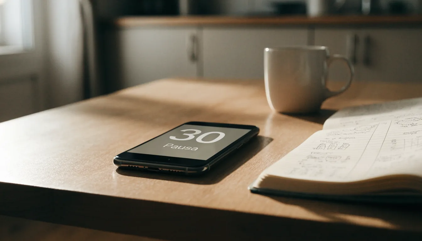 Un documento di identità appoggiato accanto a uno smartphone con un timer sullo schermo, su un tavolo da cucina