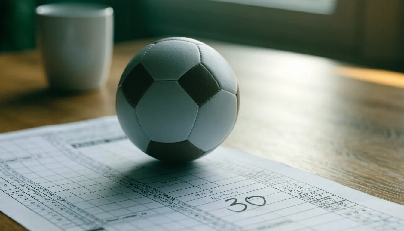 Un pallone da calcio appoggiato su una schedina bianca su un tavolo di legno, alla luce del giorno