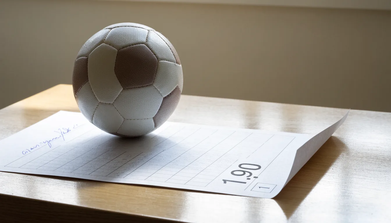 Un pallone da calcio appoggiato su una schedina bianca su un tavolo di legno, alla luce del giorno