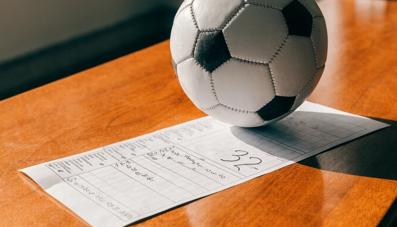 Un pallone da calcio appoggiato su una schedina bianca su un tavolo di legno, alla luce del giorno