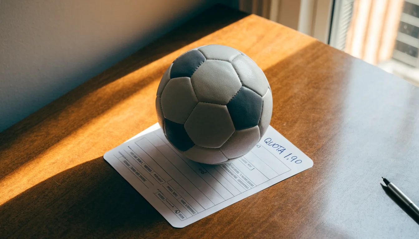 Un pallone da calcio appoggiato su una schedina bianca su un tavolo di legno, alla luce del giorno