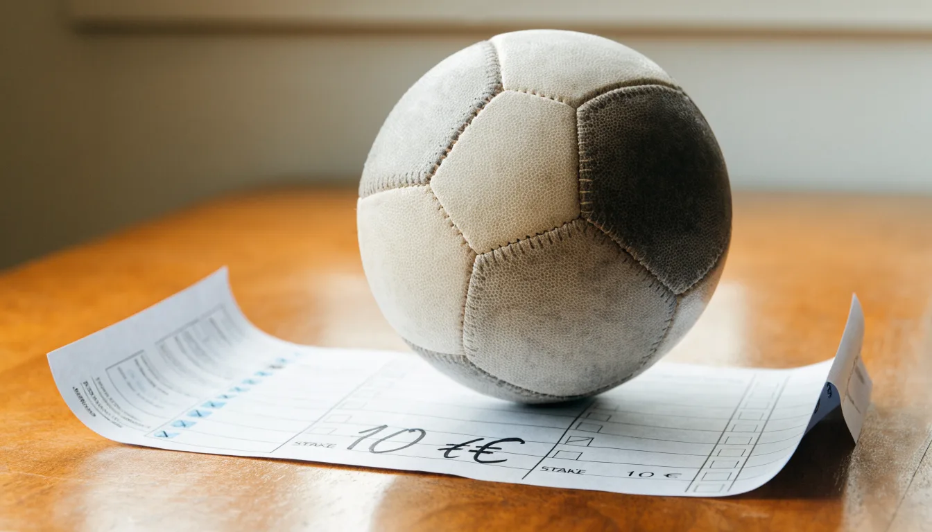 Un pallone da calcio appoggiato su una schedina bianca su un tavolo di legno, alla luce del giorno
