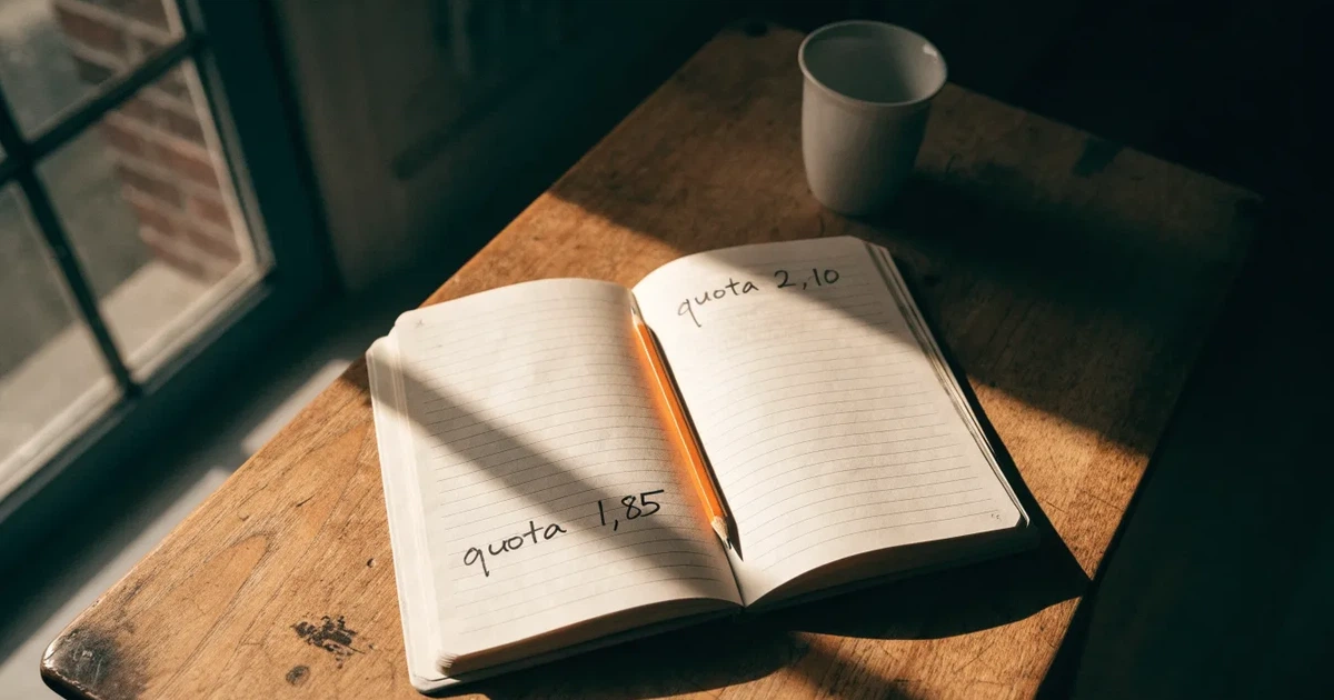 Un quaderno aperto con quote scritte a mano, una calcolatrice e una matita su un tavolo di legno