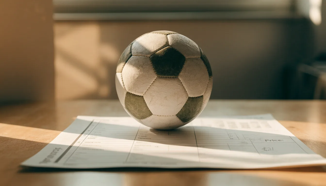 Un pallone da calcio appoggiato su una schedina bianca su un tavolo di legno, alla luce del giorno