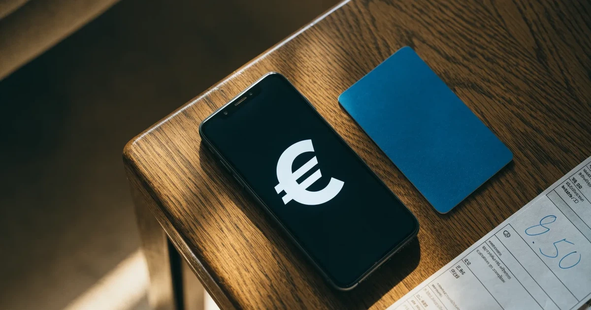 Uno smartphone e una carta di pagamento affiancati su un tavolo di legno, con alcune banconote da euro accanto