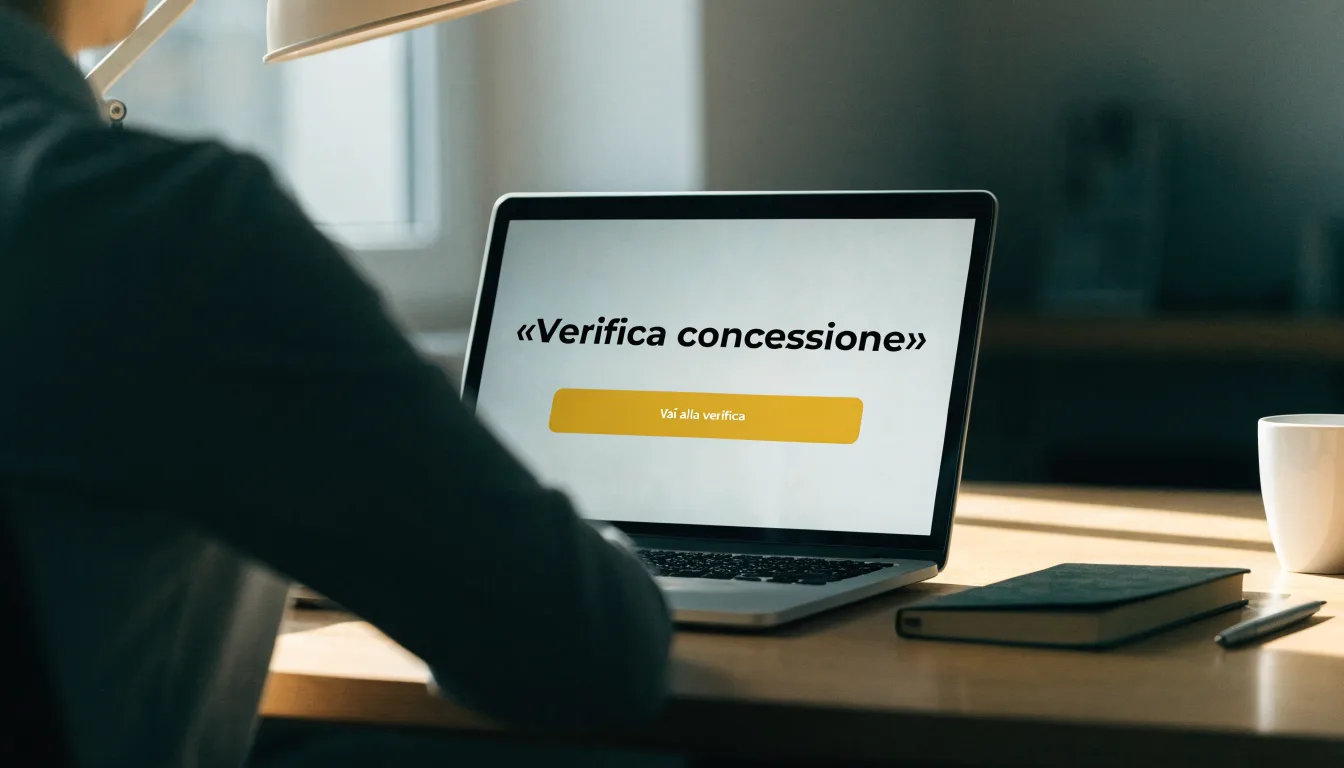 Un foglio di concessione in carta con un timbro rosso, appoggiato su una scrivania di legno accanto a una penna