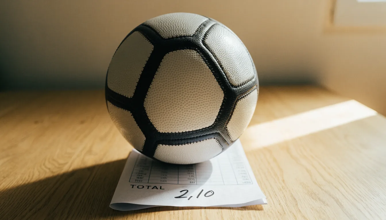 Un pallone da calcio appoggiato su una schedina bianca su un tavolo di legno, alla luce del giorno