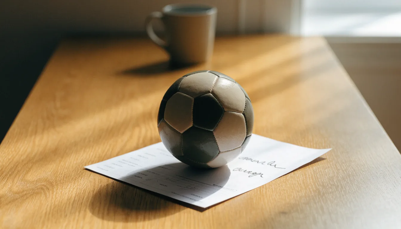 Un pallone da calcio appoggiato su una schedina bianca su un tavolo di legno, alla luce del giorno
