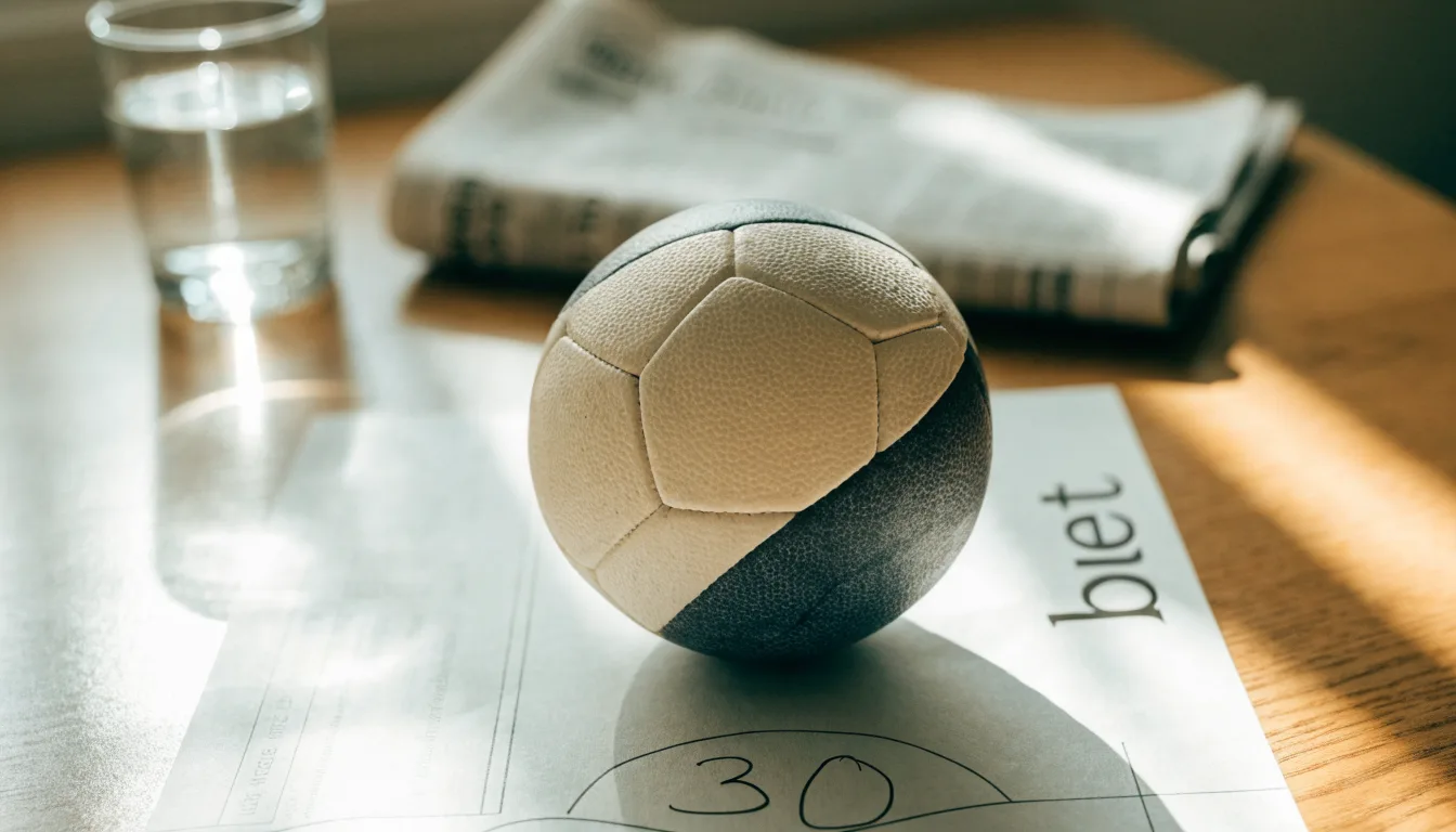 Un pallone da calcio appoggiato su una schedina bianca su un tavolo di legno, alla luce del giorno