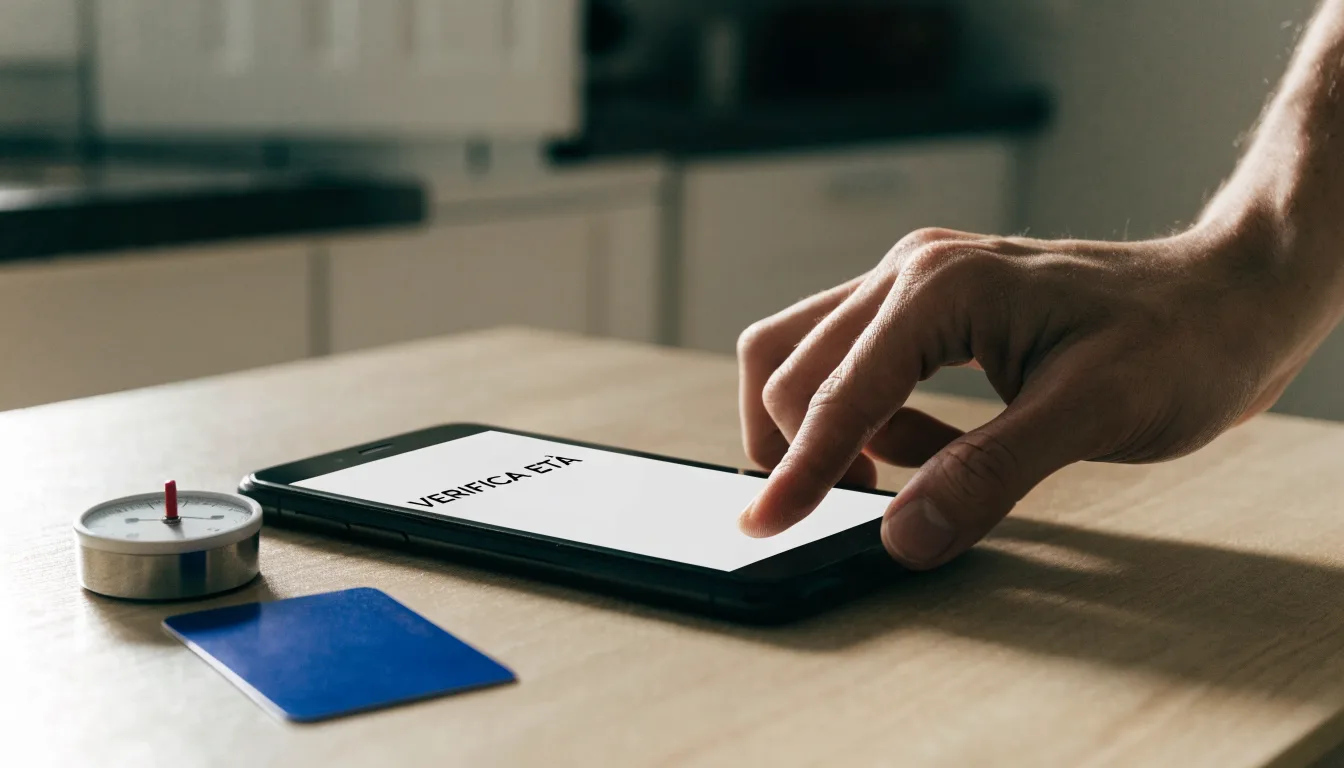 Un documento di identità appoggiato accanto a uno smartphone con un timer sullo schermo, su un tavolo da cucina