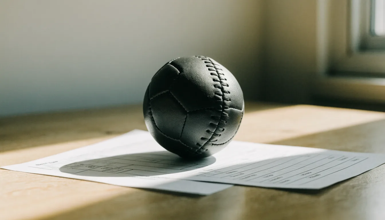 Un pallone da calcio appoggiato su una schedina bianca su un tavolo di legno, alla luce del giorno