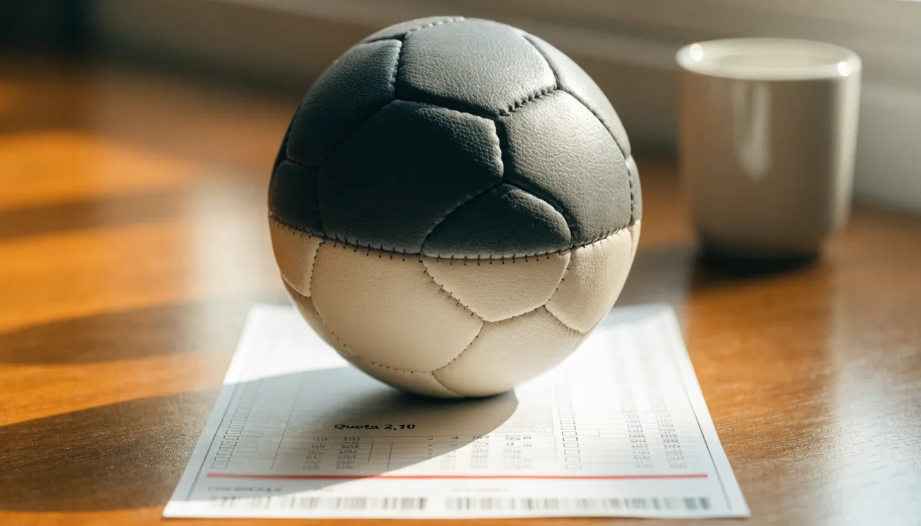 Un pallone da calcio appoggiato su una schedina bianca su un tavolo di legno, alla luce del giorno
