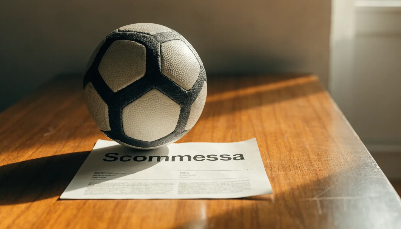 Un pallone da calcio appoggiato su una schedina bianca su un tavolo di legno, alla luce del giorno