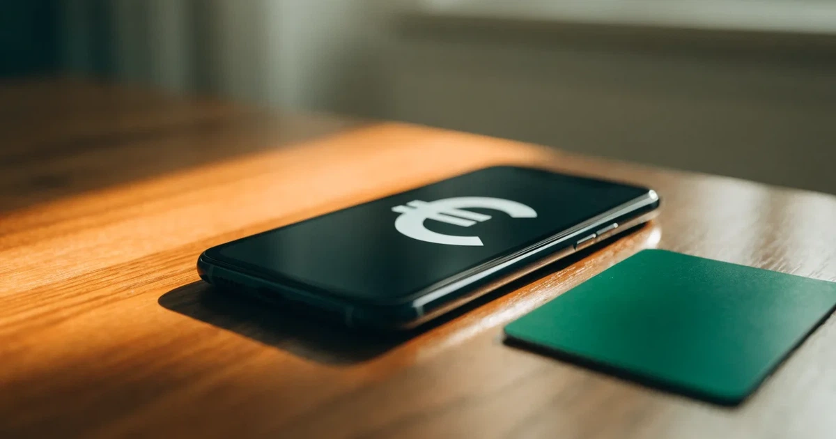 Uno smartphone e una carta di pagamento affiancati su un tavolo di legno, con alcune banconote da euro accanto