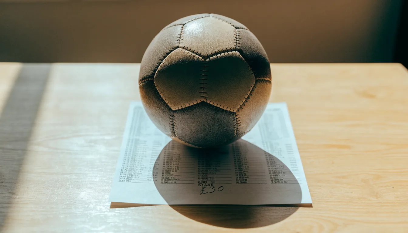 Un pallone da calcio appoggiato su una schedina bianca su un tavolo di legno, alla luce del giorno
