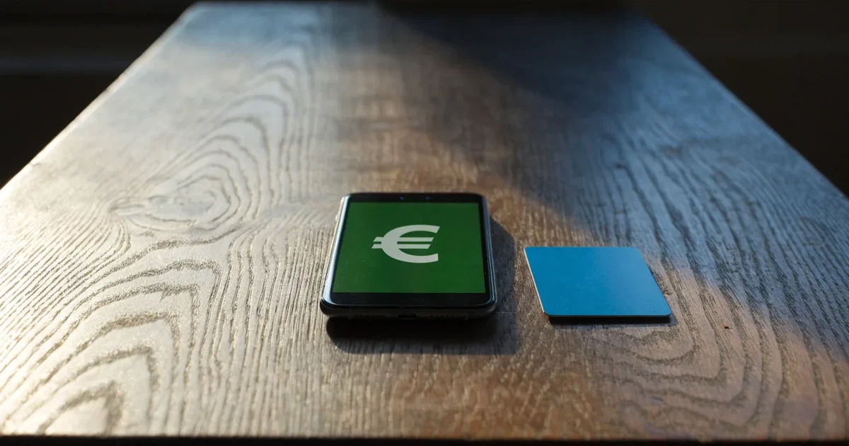 Uno smartphone e una carta di pagamento affiancati su un tavolo di legno, con alcune banconote da euro accanto