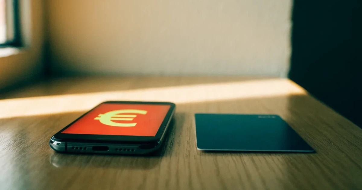 Uno smartphone e una carta di pagamento affiancati su un tavolo di legno, con alcune banconote da euro accanto