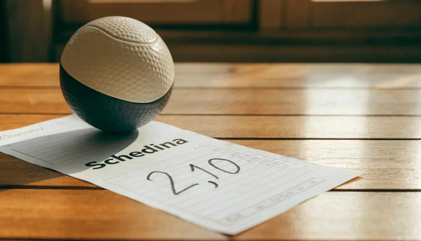 Un pallone da calcio appoggiato su una schedina bianca su un tavolo di legno, alla luce del giorno