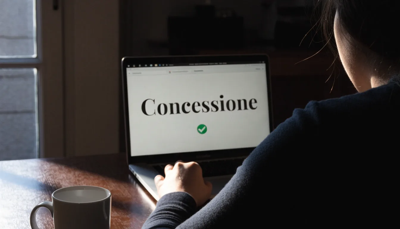Un foglio di concessione in carta con un timbro rosso, appoggiato su una scrivania di legno accanto a una penna