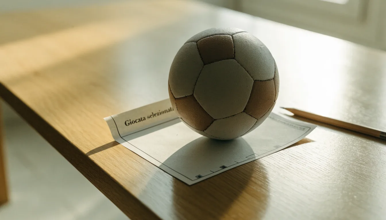 Un pallone da calcio appoggiato su una schedina bianca su un tavolo di legno, alla luce del giorno