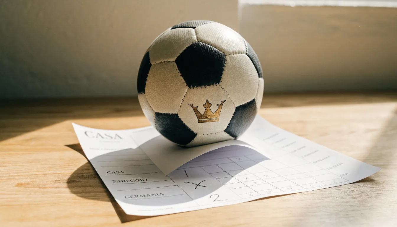 Un pallone da calcio appoggiato su una schedina bianca su un tavolo di legno, alla luce del giorno