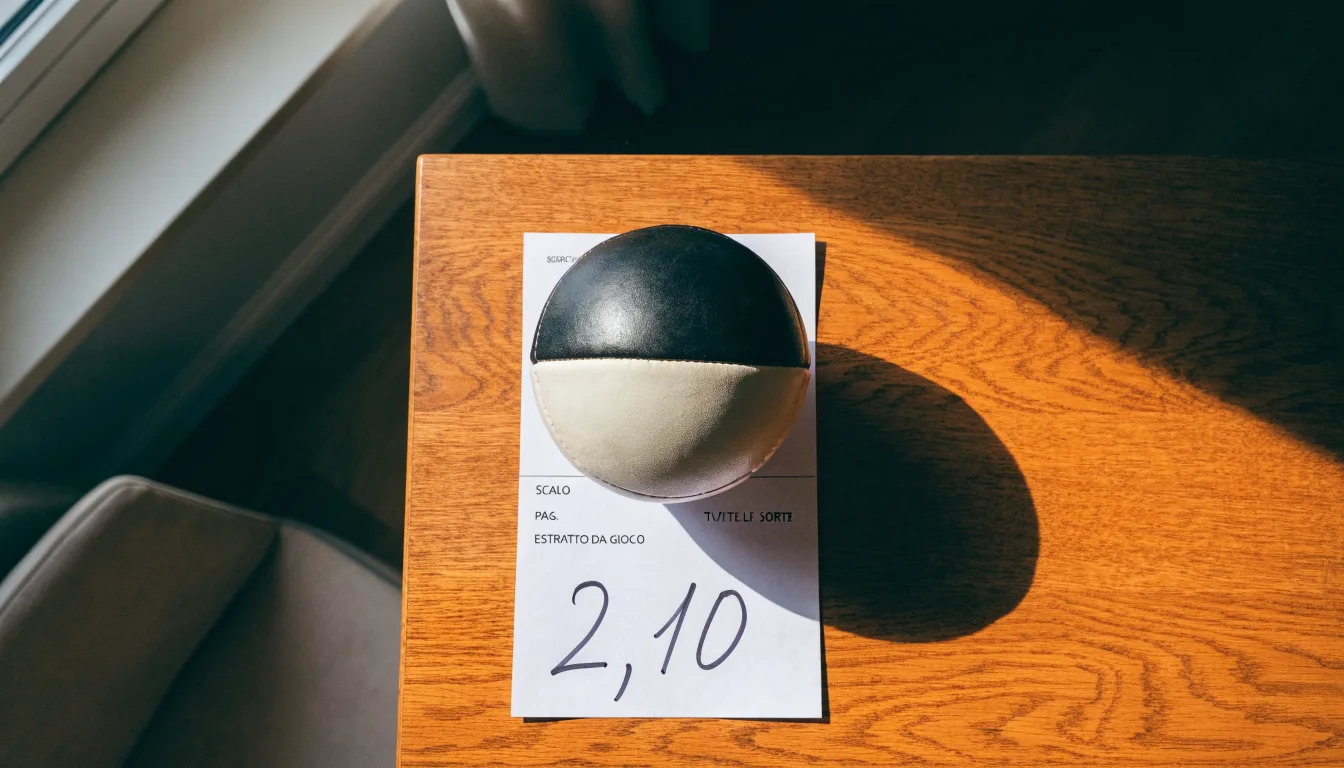 Un pallone da calcio appoggiato su una schedina bianca su un tavolo di legno, alla luce del giorno