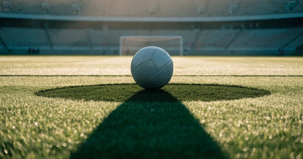 Un pallone da calcio sul dischetto del centrocampo di un prato, alla luce del mattino