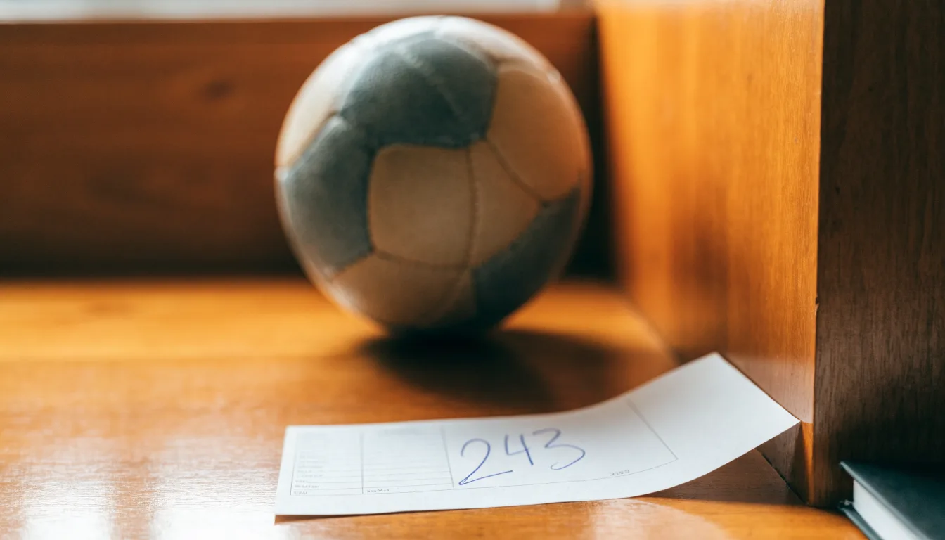 Un pallone da calcio appoggiato su una schedina bianca su un tavolo di legno, alla luce del giorno