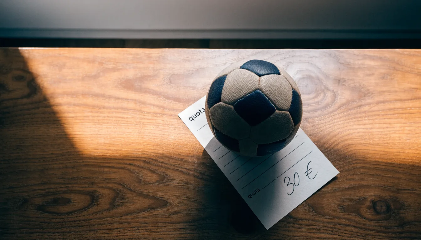 Un pallone da calcio appoggiato su una schedina bianca su un tavolo di legno, alla luce del giorno