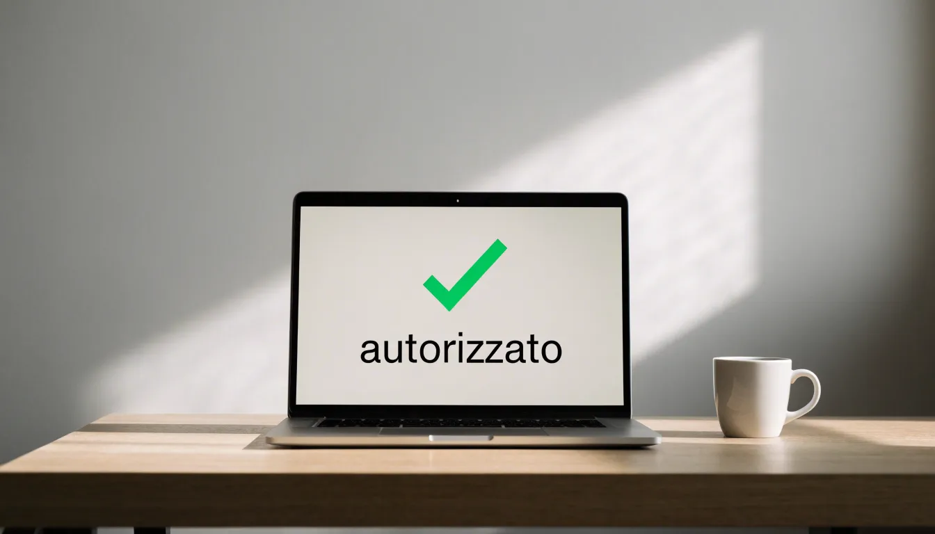 Un foglio di concessione in carta con un timbro rosso, appoggiato su una scrivania di legno accanto a una penna
