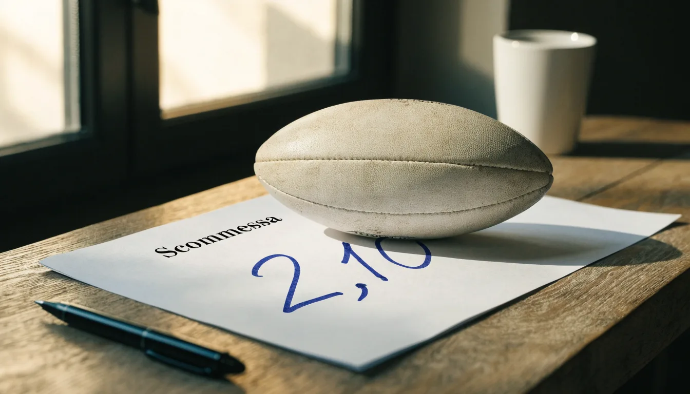 Un pallone da calcio appoggiato su una schedina bianca su un tavolo di legno, alla luce del giorno