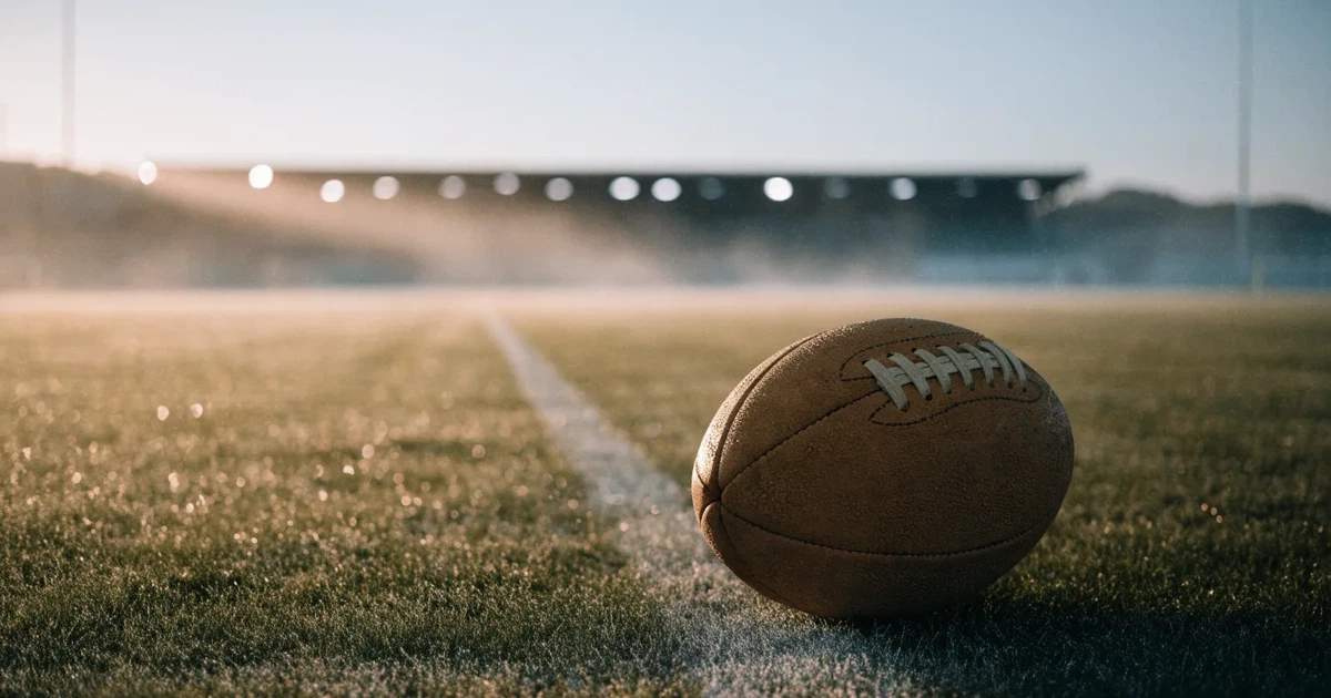 Un pallone da calcio sul dischetto del centrocampo di un prato, alla luce del mattino