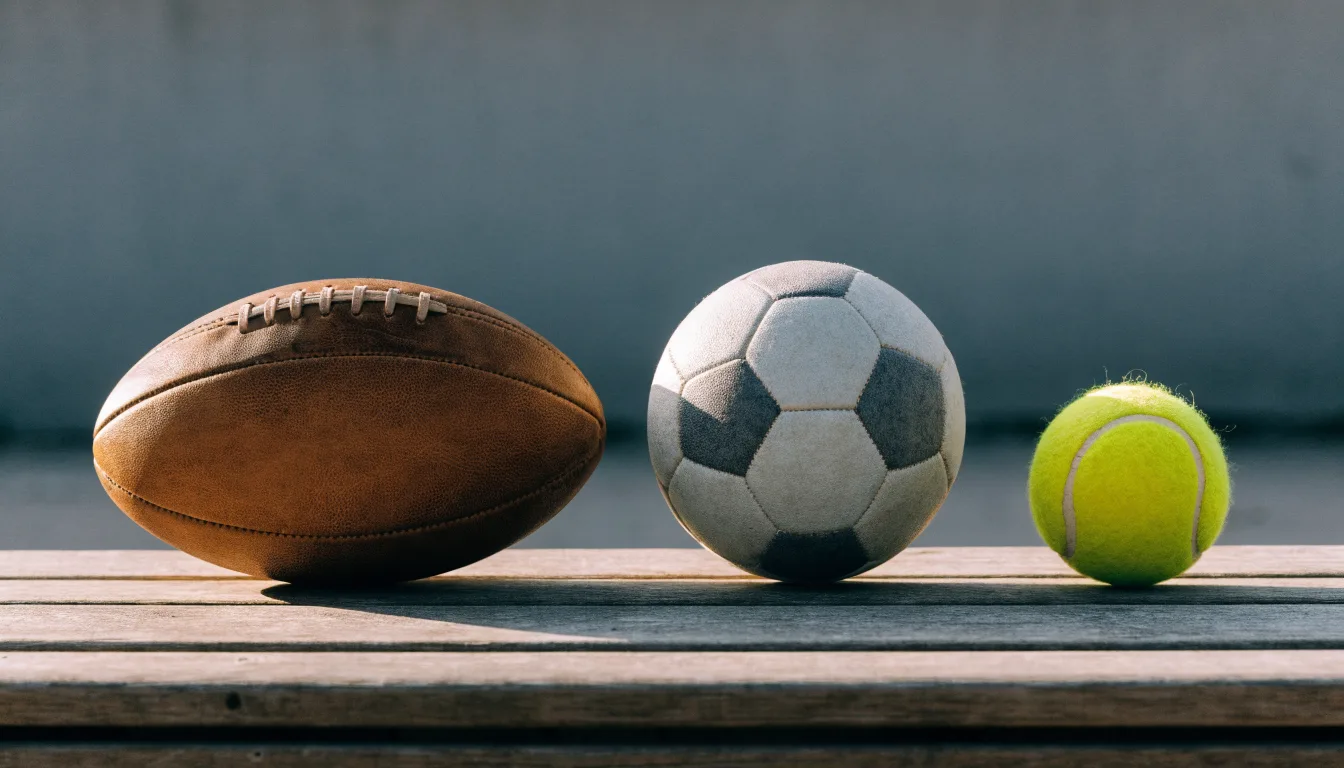 Tre palloni di sport diversi allineati uno accanto all'altro su una panca di legno
