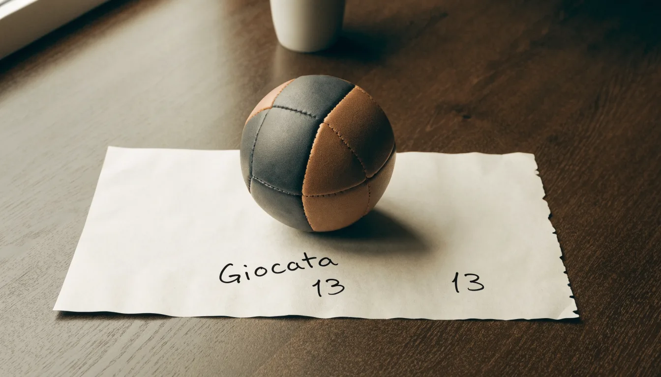 Un pallone da calcio appoggiato su una schedina bianca su un tavolo di legno, alla luce del giorno