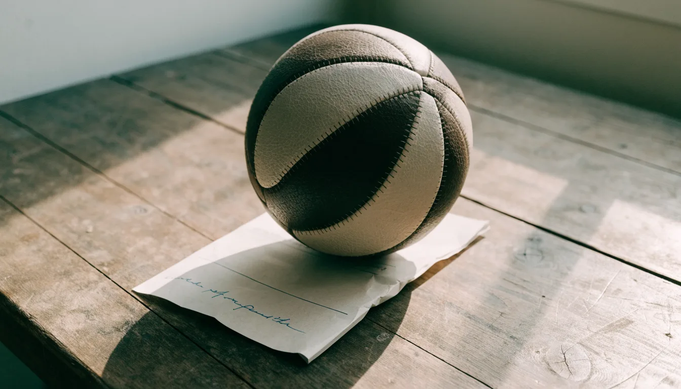 Un pallone da calcio appoggiato su una schedina bianca su un tavolo di legno, alla luce del giorno