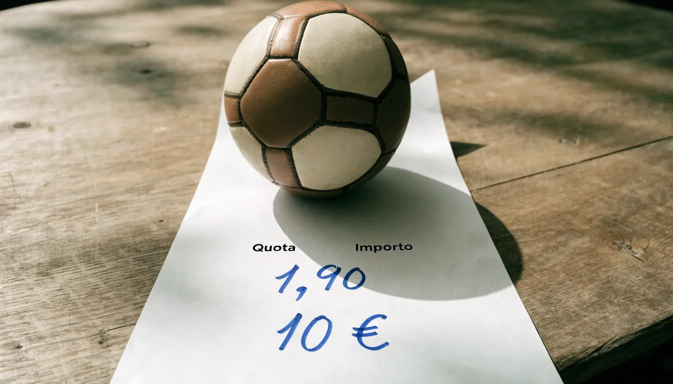 Un pallone da calcio appoggiato su una schedina bianca su un tavolo di legno, alla luce del giorno