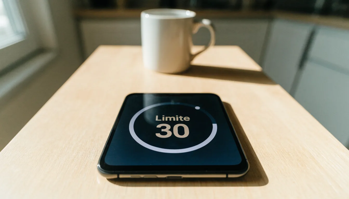 Un documento di identità appoggiato accanto a uno smartphone con un timer sullo schermo, su un tavolo da cucina